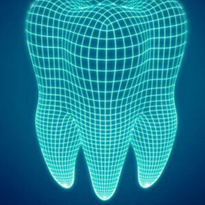 An artificial image of a tooth made of light with points.